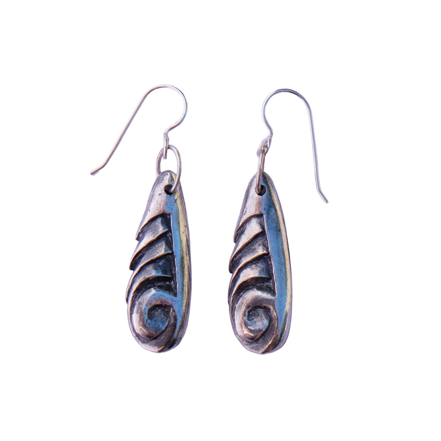 Pair of art nouveau style silver earrings inspired by chrysalis shapes