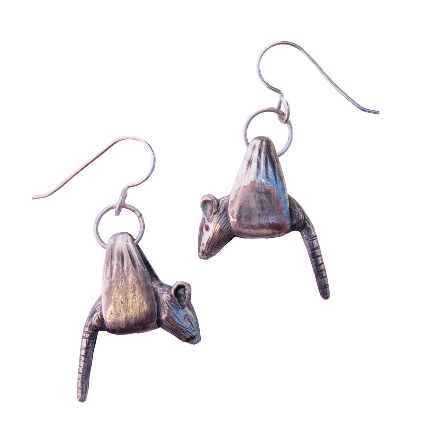 Pair of silver rat-shaped earrings, depicted as if sitting in little hammocks, on a white background