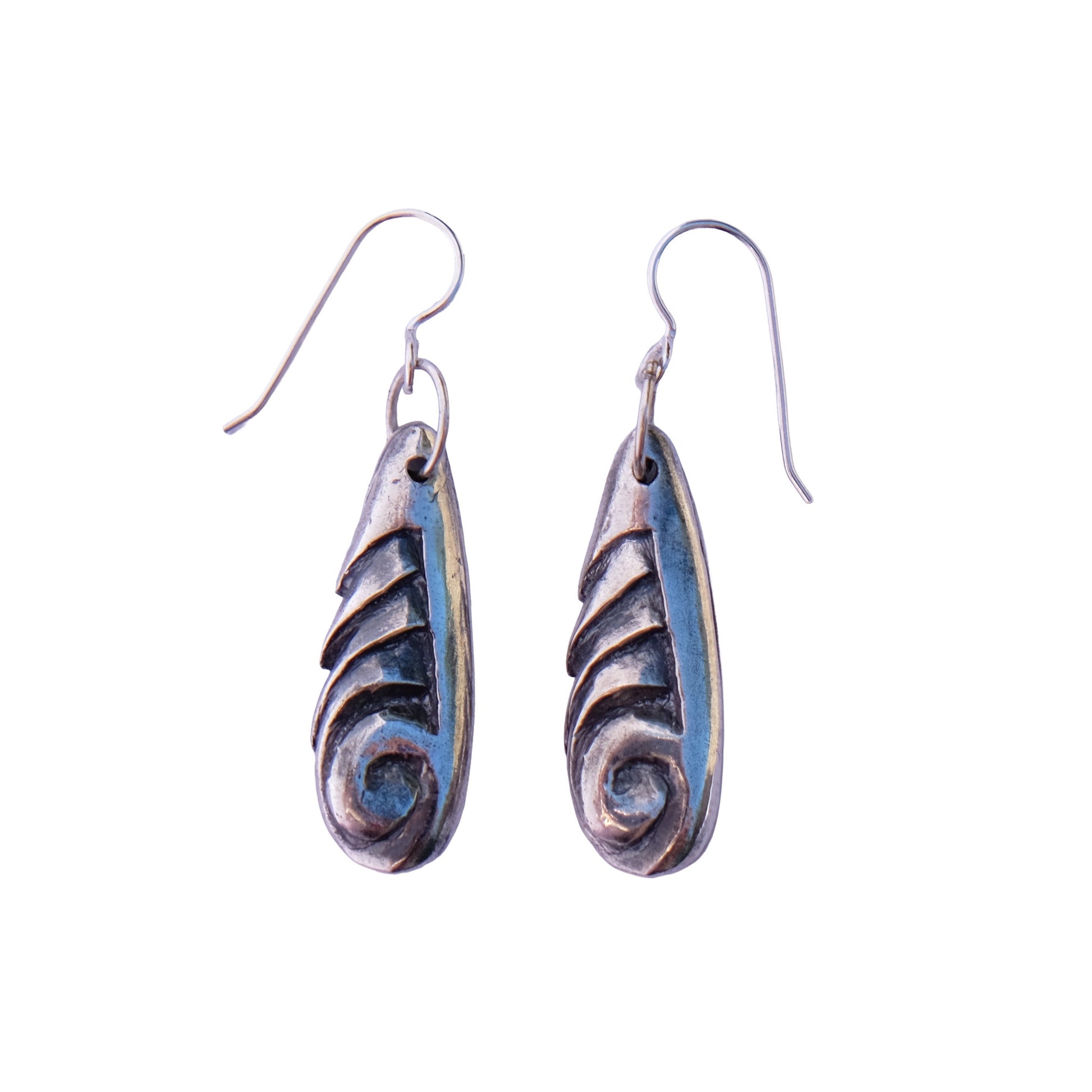 Pair of art nouveau style silver earrings inspired by chrysalis shapes